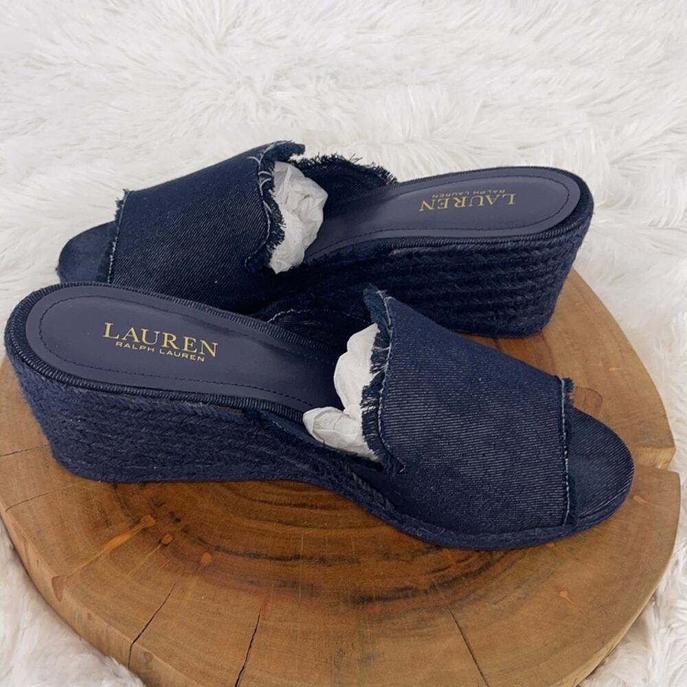 Women Lauren by Ralph Lauren Blue Denim Wedge Heel Sandal Slides Size 11B